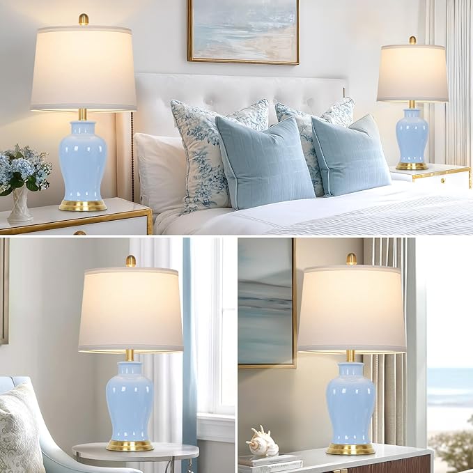 luxeflow Blue Ceramic Table Lamps Set of 2, 23" Coastal Ceramic Lamps with Ginger Jar Design, Modern Bedside Lamp for Living Room End Table, Elegant Bedroom Lamp for Nightstand Desk Side Home Decor