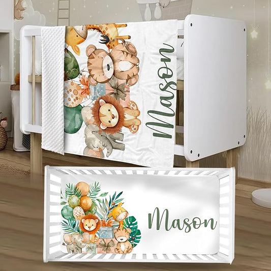 Personalized Baby Crib Bedding Set, Custom Name Lion Giraffe Baby Bedding 2-Pcs Set - Soft Double Layer Dotted Blanket and Fitted Sheet, Nursery Bedding for Newborn Boys Girls, Perfect Shower Gift