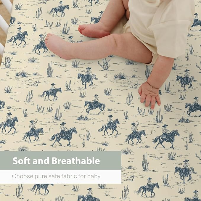 Vintage Western Cowboy Baby Crib Sheets for Boy Girl 28"x52" Retro Cowboy Horse Cactus Soft Stretchy Fitted Crib Mattress Cover Wild Desert Baby Sheet for Standard Crib & Toddler Mattress Pads