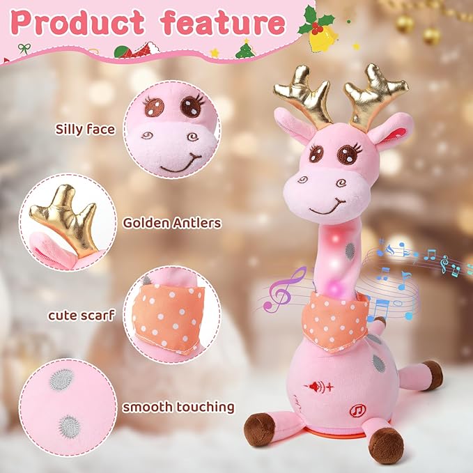 Dancing Talking Giraffe with Golden Antlers Toy, Stuffed Animal Baby Toy Repeating What You Say, Glowing Musical Electronic Giraffe with Golden Anlters Gifts for Toddlers 1-3 Years Old (Pink)