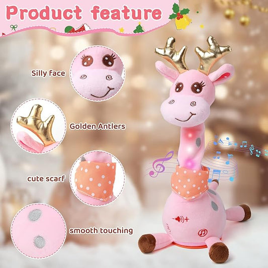Dancing Talking Giraffe with Golden Antlers Toy, Stuffed Animal Baby Toy Repeating What You Say, Glowing Musical Electronic Giraffe with Golden Anlters Gifts for Toddlers 1-3 Years Old (Pink)