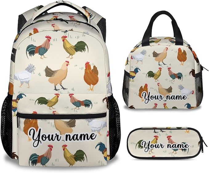 COOPASIA Personalized Chicken Backpack with Lunch Box and Pencil Case, 16 Inch Chicken Theme Bookbag with Adjustable Straps, Durable, Lightweight, Large Capacity, School Backpack for Girls Women
