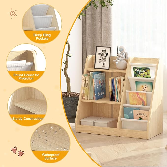 HedoAjim White 3 Tier Kids Bookshelf Toddler Book Rack for Book Toy Storage Organizer Children Bookcase 4 Sling Adjustable Book Display Shelf for Nursery Playroom Kids Baby Bedroom