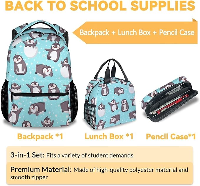 COOPASIA Penguin Backpack with Lunch Box and Pencil Case, 16 Inch Penguin Theme Bookbag with Adjustable Straps, Durable, Lightweight, Large Capacity, School Backpack for Girls Women
