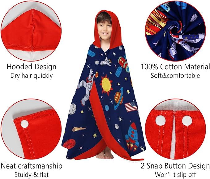Thickened Hooded Towels for Kids Suitable Girls Boys Kids Bath Towels, 35"x60" Super Absorbent,Space Universe Cute Cartoon Toddler Towels Multi-Purpose for Beach, Pool and Bathroom
