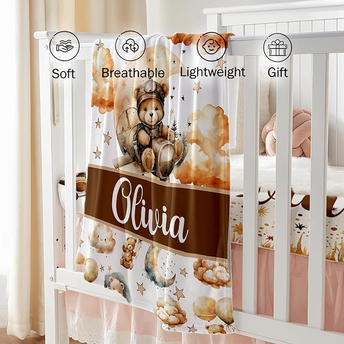 Custom Baby Crib Bedding Set, Personalized Name Balloon Bear Design Crib Set 3 Pcs, Soft Double Layer Blanket, Crib Sheet & Room Rug, Ideal Nursery Decor Gift for Baby Girls Boys