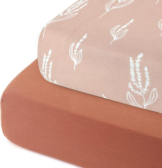 GRSSDER Soft Muslin Crib Sheet 2 Pack, 100% Cotton Crib Sheets for Boys and Girls, Fit Standard Crib Mattresses 52" x 28" Safe and Snug, Wheat/Brick Red