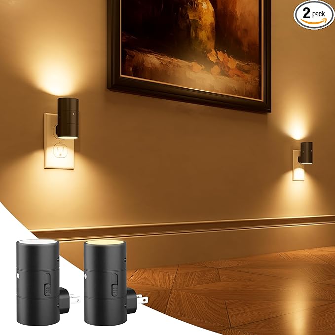 NIORSUN Night Lights Plug into Wall, Dimmable with 3 Color Modes & Auto On/Off Sensor, Ultra-Slim Nightlight for Hallway, Bathroom, Bedroom, Nursery, Kitchen (2 Pack, Black)