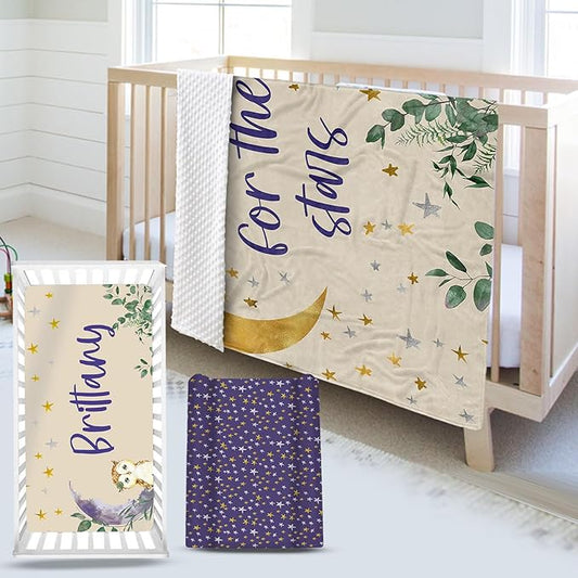 Custom Name Crib Bedding Set 3-Piece – Purple Owl Design Baby Bedding Set with Personalized Soft Blanket, Fitted Sheet, Changing Pad Cover – Ideal Newborn Gift for Boys and Girls