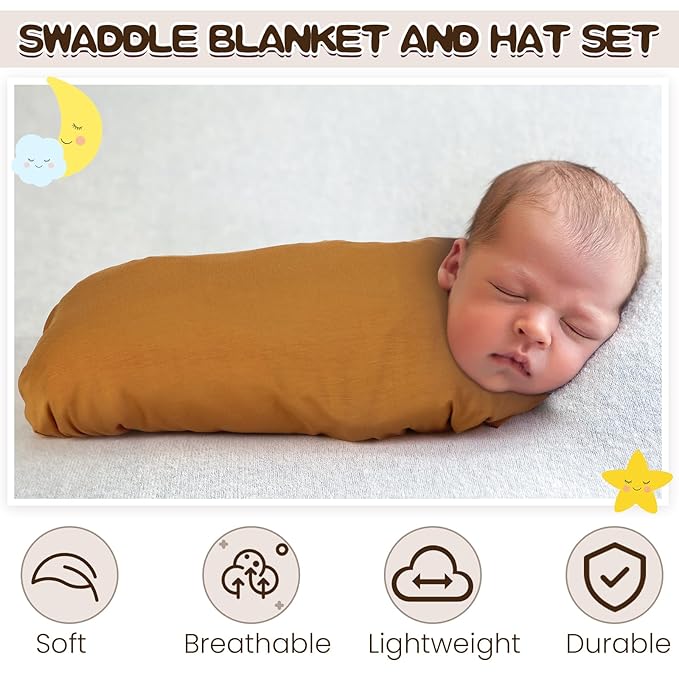 JaGely 2 Pcs Stretchy Baby Swaddle Blankets Set Extra Soft 47" x 47" Baby Newborn Swaddle Blanket and Hat(Navy Blue, Claybank)