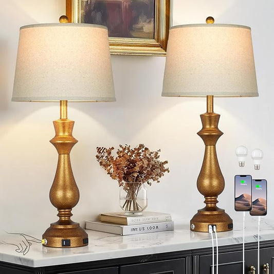 luxeflow Retro Gold Table Lamps Set of 2 for Living Room,30" Tall Bedside Lamp with USB Charging Port,3-Way Dimmable Touch Nightstand Lamp for Bedroom Desk Side Table Office,Copper Gold