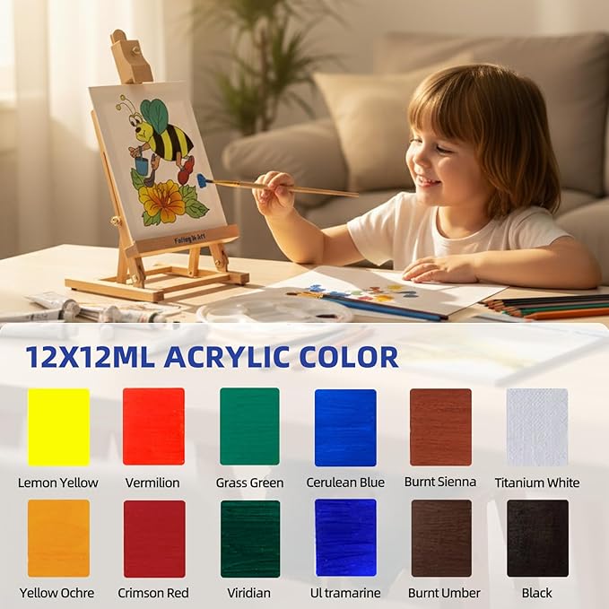 Falling in Art Painting Set for Kids with Table Easel, Acrylic Painting Starter Kit with Art Smock, Acrylic Paints, Colored Pencils, Paint Brushes, Canvas Panels and Watercolor Pad for Christmas Gift