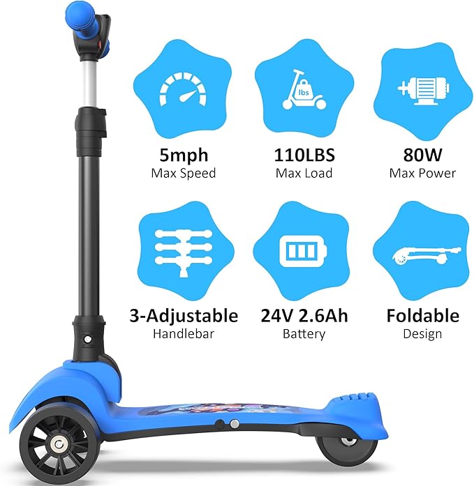 VOLPAM C001 Electric Scooter for Kids, 80W Motor, Max Safe Speed 5MPH, 3 Adjustable Height, Lean-to-Steer, 3.5" Lighted Up Wheel, Foldable Scooter for Boys & Girls, Max Load 110lbs