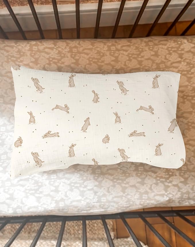 Toddler Pillowcases for 13"x18" Pillow 2 Pack, Muslin Small Toddler Baby Kids Travel Pillow Covers for Boys Girls with Envelope Closure (Rabbit B & Beige, 13 x 18 Inch)