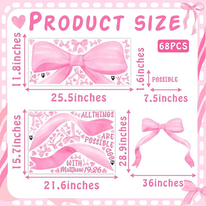 Large Watercolor Girls Room Wall Decals Pink Bow Wall Stickers Peel and Stick Pastel Pink Bow Decor for Baby Room Coquette Sticker Inspirational Quotes Vinyl Decal Art Mural for Nursery Kids Playroom