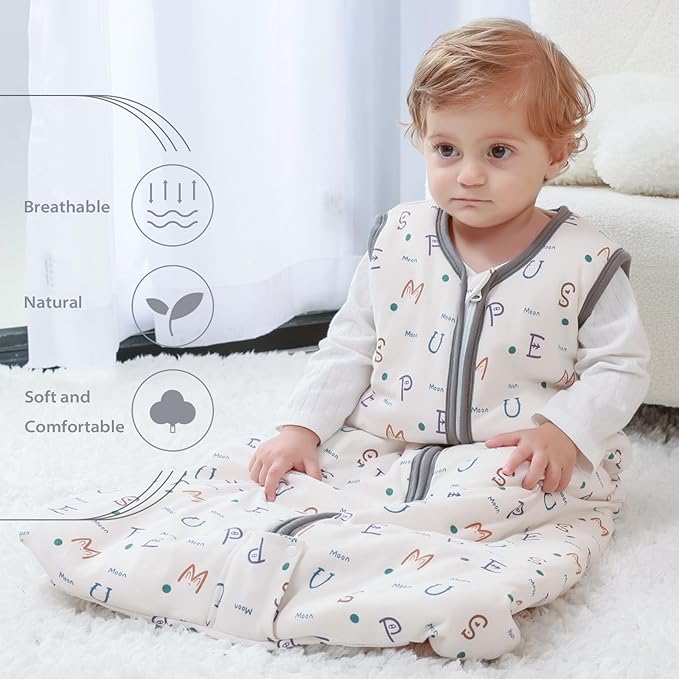 Mosebears Sleep Sack Baby Winter Wearable Blanket with 2-Way Zipper,2.5 TOG Cotton Sleep Sack Unisex (Alphabet, 0-6 Months)