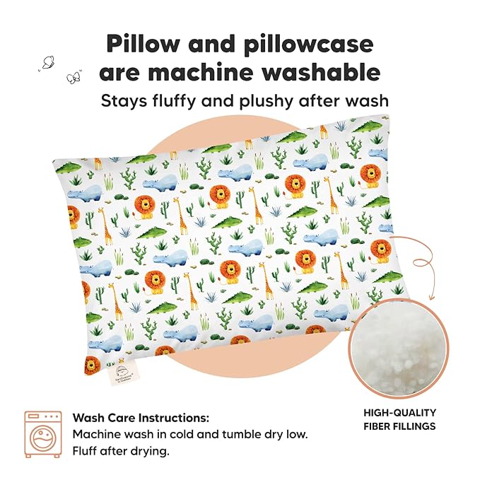 Toddler Pillow with Pillowcase - 13x18 My Little Dreamy Kids Travel Bed Pillows for Sleeping, Organic Cotton Small Pillowcase, Soft & Breathable, Machine Washable, Toddlers 2-5 years old (Zoo)