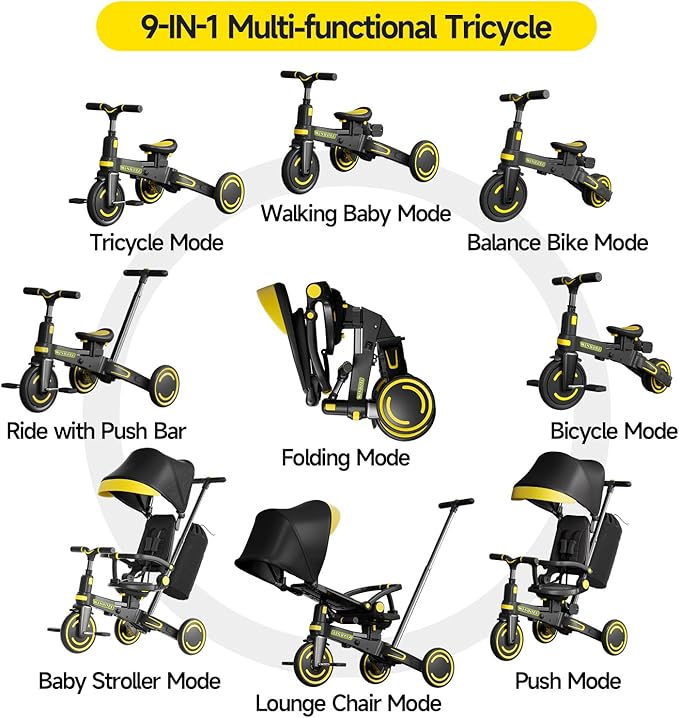 WinHope 9-in-1 Push Tricycle for Toddlers 1-3 Years | Convertible Kids Trike with Adjustable Parent Handle & Safety Harness, Lightweight Foldable Design + Storage Basket for Boys & Girls (Black)
