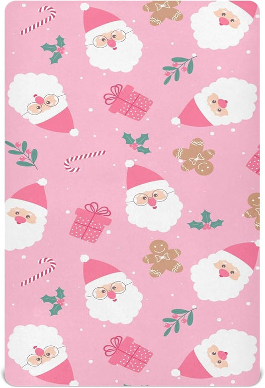 Christmas Santa Cute Pink Crib Sheets Soft Breathable Fitted Baby Crib Sheets Mattress Cover for Girl Boys, 52" x 28" x 9"
