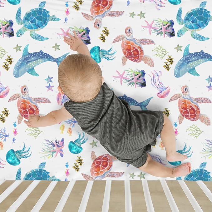 Fantasy Sea Animals Baby Crib Sheets for Boy Girl 28"x52" Turtle Whale Jellyfish Corals Soft Stretchy Fitted Crib Mattress Covers Nautical Marine Baby Sheet for Standard Crib & Toddler Bed Mattress