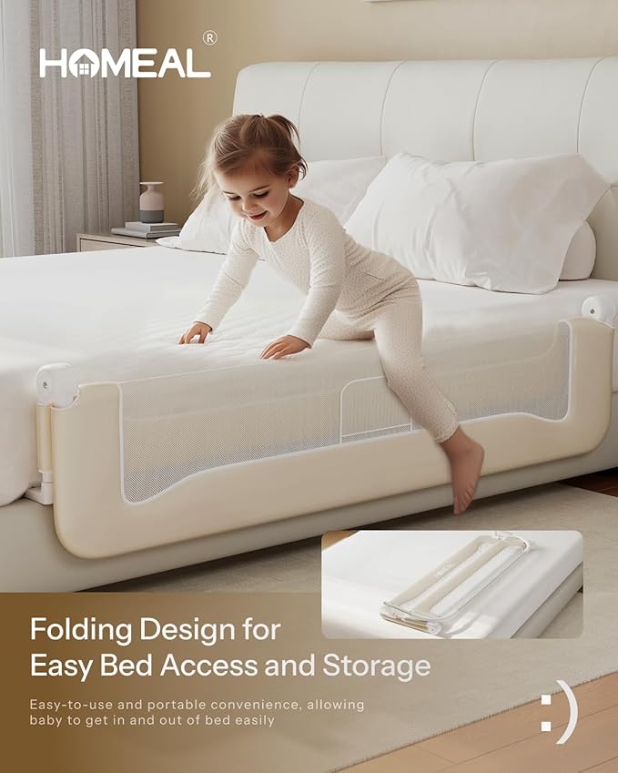 HOMEAL 59in Foldable Toddler Bed Rails, Bed Rail for Toddlers, Baby Bed Rail Guard for King Size,Twin Size, Full Size, Queen Size Beds, Bed Guard Rail, Beige