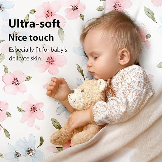 Baby Crib Sheets Girl, 3 Pack Toddler Bed Sheets Fit for 52”x28” Standard Crib and Toddler Mattresses, Super Soft Microfiber Pink Butterfly Flower