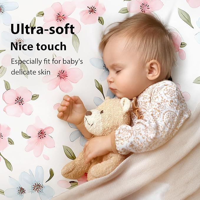 Baby Mini Crib Sheets Girl, Portable 38”x26” Pack and Play Sheets Fitted for Playard and Pack N Play Mattress, 3-Pack Soft Microfiber Pink Butterfly Flower
