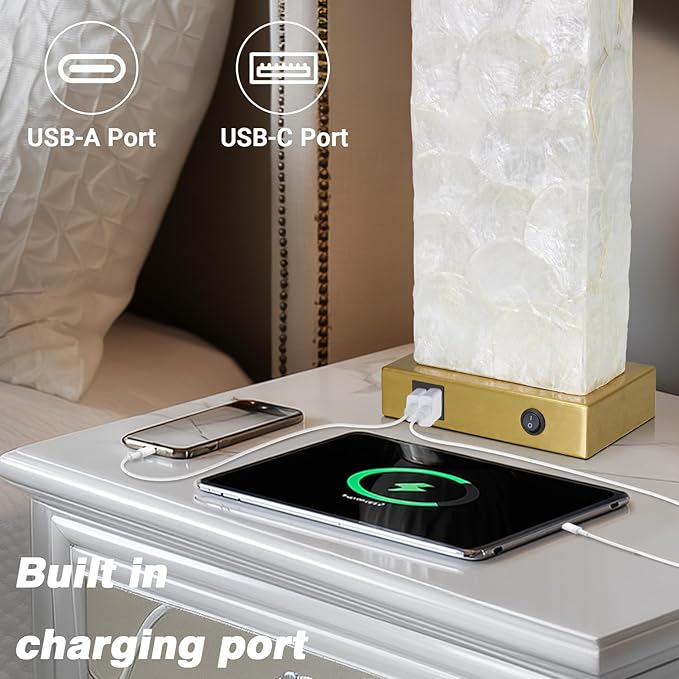 luxeflow 28" Coastal Table Lamps for Living Room Set of 2, Bedside Lamps with Night Light, USB A+C Ports, Modern Sea Shell Bedside Night Stands Light for Beachy Cottage Decor (Gold)