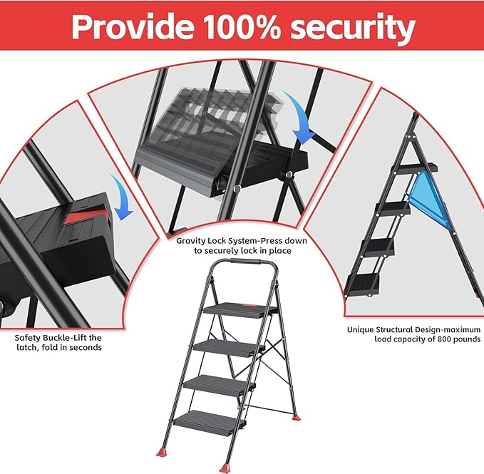 Foldable Step Ladder Folding Stool - 4 Stepping Extension Tall Heavy Duty with Handrails for Home Adults Kitchen - Extendable Stepladder Closet Stepstool Stair Ladders for Indoor House 800Lbs