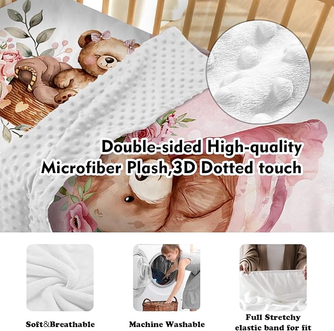 Custom Baby Crib Bedding Set, Personalized Name Pink Bear Design Crib Set 3 Pcs, Soft Double Layer Blanket, Crib Sheet & Room Rug, Ideal Nursery Decor Gift for Baby Girls Boys