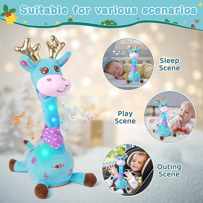 Dancing Talking Giraffe with Golden Antlers Toy, Stuffed Animal Baby Toy Repeating What You Say, Musical Toy with Golden Anlters Gifts for Toddlers 1-3 Years Old (Blue Giraffe Antlers)