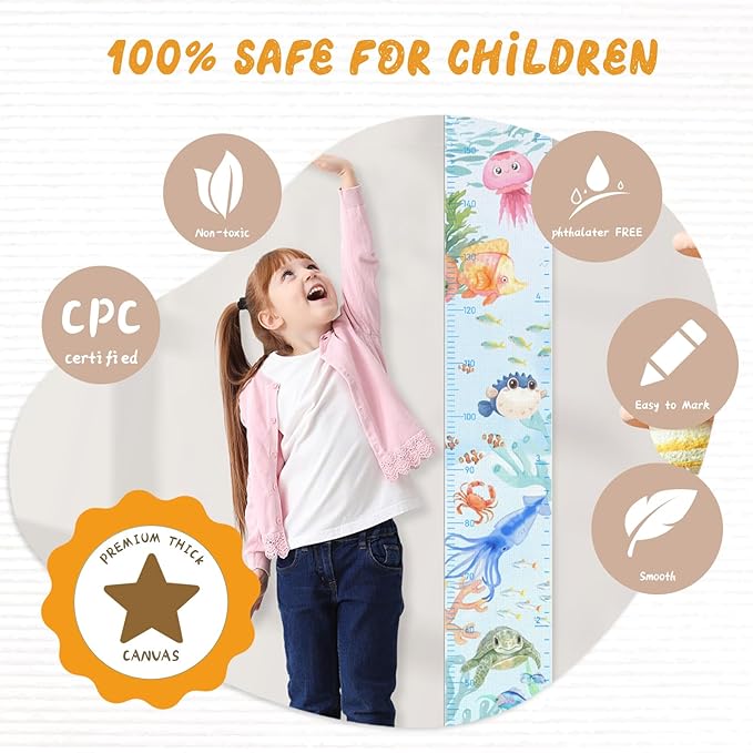 Woodemon Personalized Name Growth Chart for Wall, Painted Marine Animals Canvas Height Chart for Kids Baby Child Toddler, Canvas Growth Chart for Wall Nursery Decor, Hangable & Waterproof