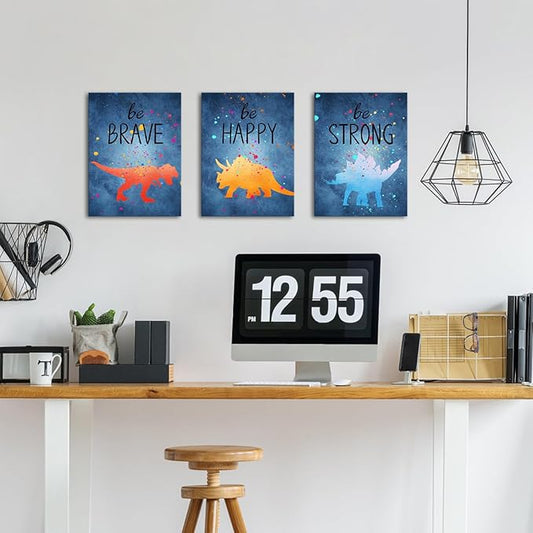 Apicoture Navy Blue Dinosaur Kids Room Wall Decor Brave Happy Cartoon Quotes Dinosaur Paintings Canvas Wall Art Pictures For Childrens Bedroom Framed, 12"X16"X3 Panels (Blue)