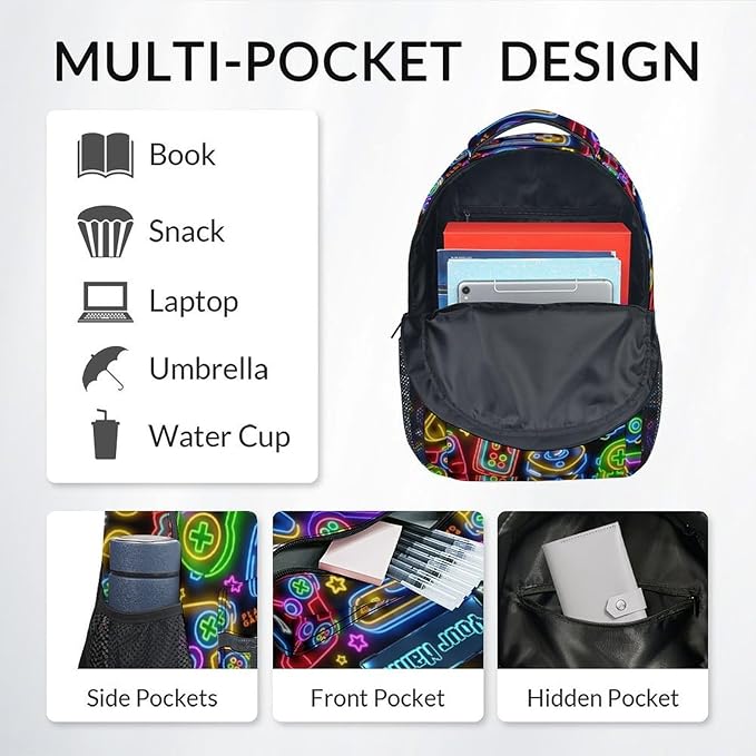 COZYAURA Kids Personalized Backpack - Large Bags with Lunch Bag Set - Cool Gamer Bookbag for Middle School & Travel - Kid School Supplies