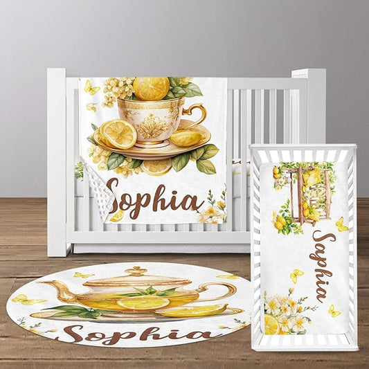 Custom Baby Crib Bedding Set, Personalized Name Lemon Tea Design Crib Set 3 Pcs, Soft Double Layer Blanket, Crib Sheet & Room Rug, Ideal Nursery Decor Gift for Baby Girls Boys