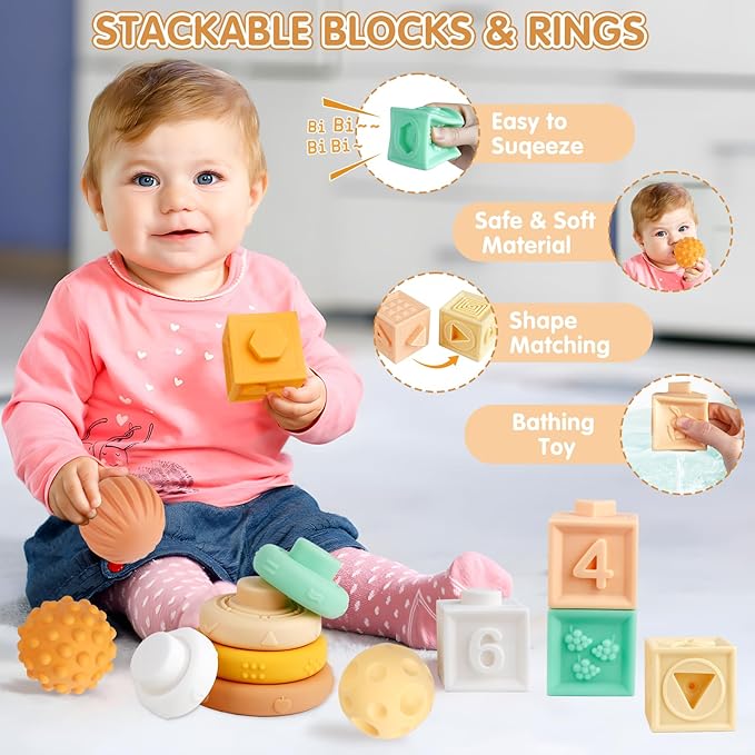 Baby Toys Montessori Toys 6 in 1 Musical Instruments for Toddler, Stacking Blocks Development Learning Educational Toy with Wooden Xylophone Infant Baby Birthday Gift