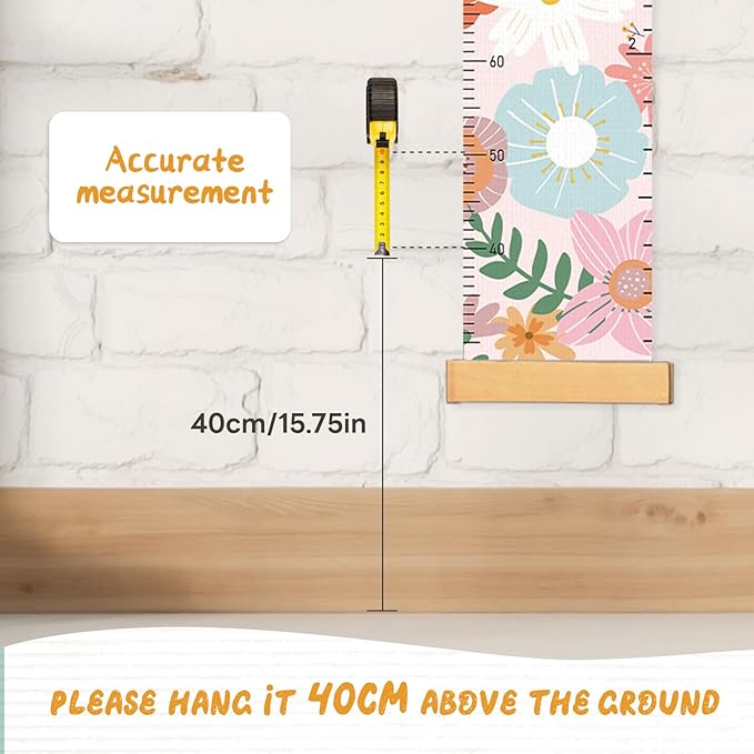 Woodemon Personalized Name Growth Chart for Wall, Painted Flowers Canvas Height Chart for Kids Baby Child Toddler, Canvas Growth Chart for Wall Nursery Decor, Hangable & Waterproof
