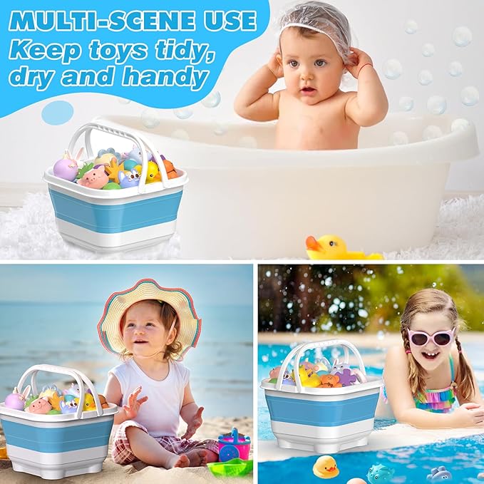 Anivia Foldable-Bath-Toy-Storage-Organizer, Bath Toy Holder with Removable Base, Quick-Drain-Drying Bathtub Toy Storage, Basket Bathroom Shower Toys Holder for Kids (Blue)