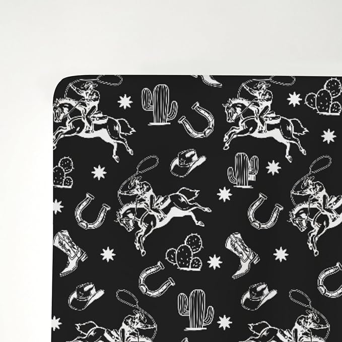 Black Western Cowboy Baby Crib Sheets for Boy Girl 52"x28" Cowboy Boots Hat Horse Cactus Soft Stretchy Fitted Crib Mattress Cover Wild West Desert Baby Sheet for Standard Crib and Toddler Mattress