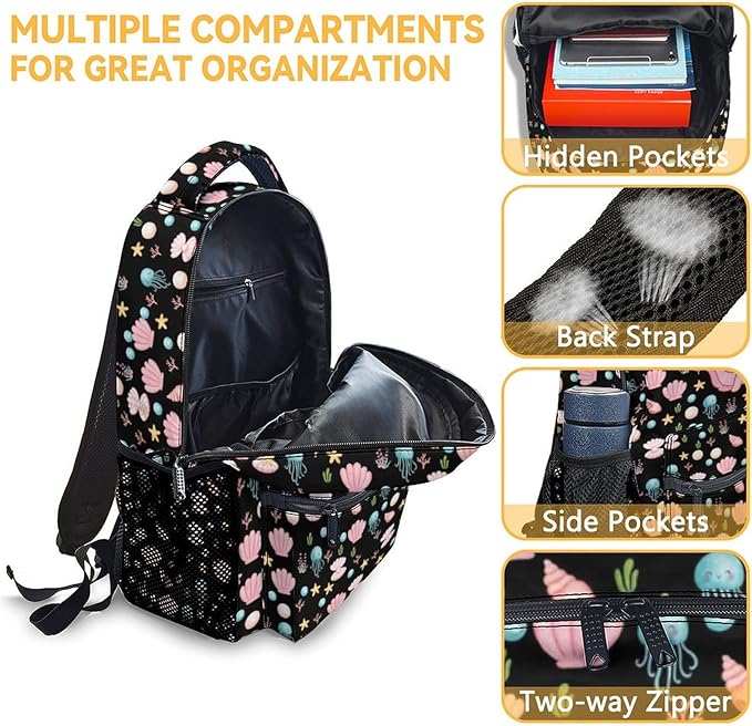 Mercuryelf Axolotl Girls Backpack with Lunch Box Set, 3 in 1 School Travel Backpacks Matching Combo, Black Cute Bookbag and Pencil Case Bundle