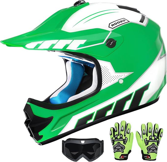 Youth Dirt Bike Helmet DOT Certified - Full Face Motorcycle Helmet for Off-Road, ATV, Street Riding, Includes Adjustable Goggles & Protective Gloves