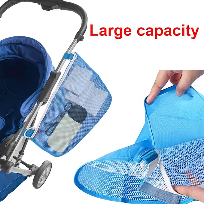 Anglepingping 2 Pack Universal Side Sling Stroller Cargo Net, Non-Slip and Adjustable Straps Storage Mesh Bag,Portable Mesh Storage Organizer (Blue)