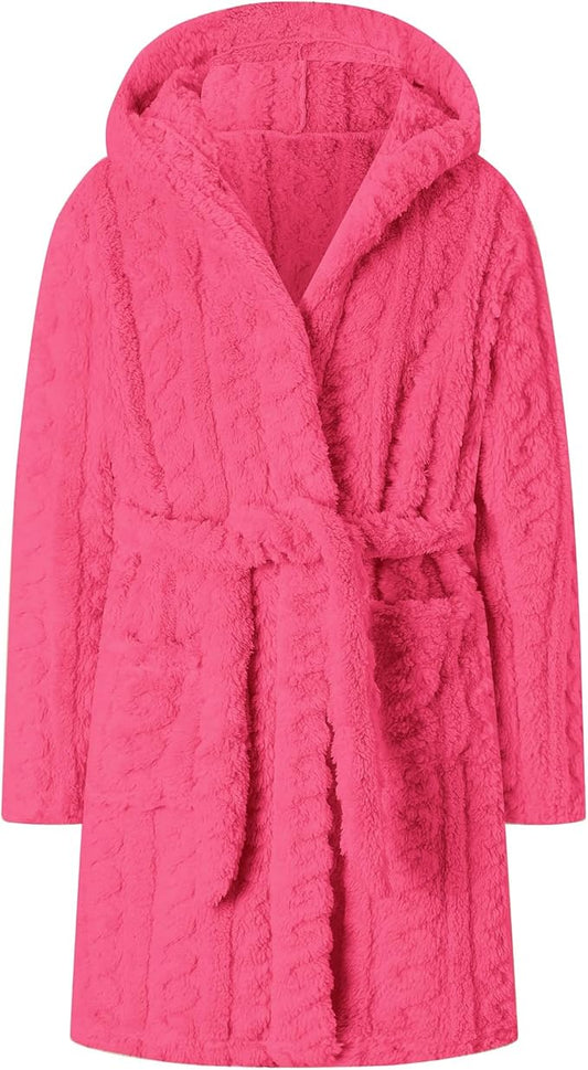 Umeyda Girls & Womens Twist Fleece Robes, Hooded Soft Warm Bath Robe for Kids Womens Fuzzy Bathrobe for Gifts
