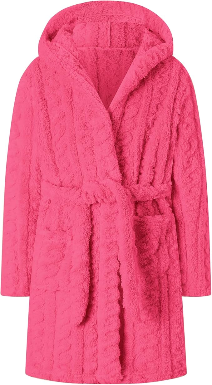 Umeyda Girls & Womens Twist Fleece Robes, Hooded Soft Warm Bath Robe for Kids Womens Fuzzy Bathrobe for Gifts