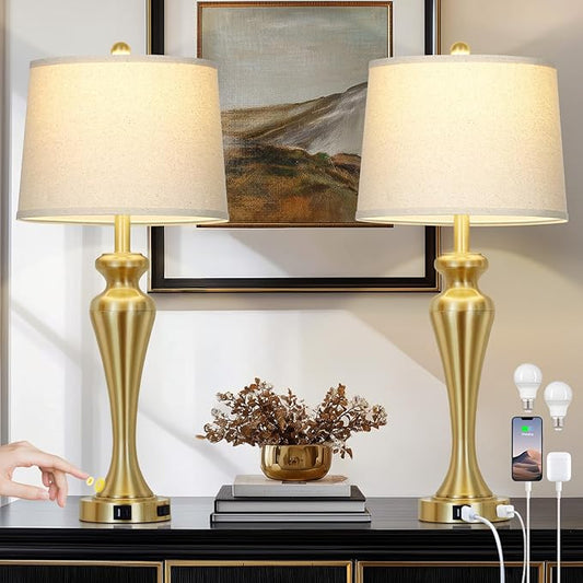 luxeflow 30" Gold Tall Table Lamps for Living Room, Touch Control Bedroom Lamp with USB A+C Ports and AC Outlet, 3-Way Dimmable Bedside Table Lamps Set of 2, Modern Metal Lamp for Nightstand