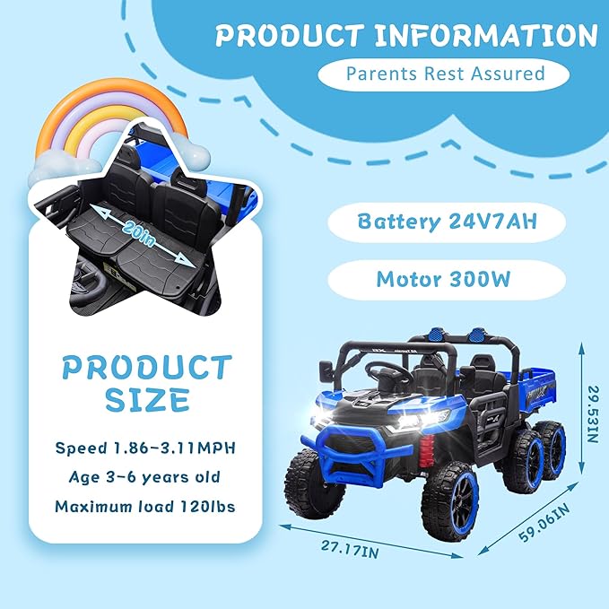 24V 2 Seater 4WD 6x6 Ride On Dump Truck with Remote Control, Ride on Toys for Big Kids with 20inch Seat, 3 Speeds, 4X100 Motors, Music, Ride on Truck for Toddler Boys Girls, Blue