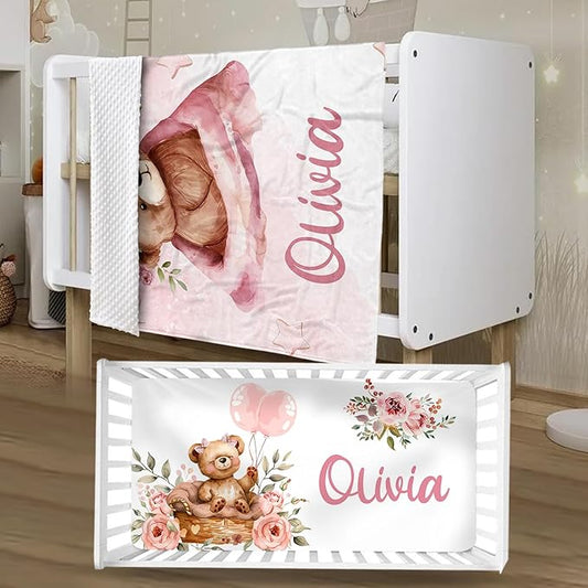 Personalized Baby Crib Bedding Set, Custom Name Pink Bear Theme Baby Bedding 2-Pcs Set - Soft Double Layer Dotted Blanket and Fitted Sheet, Nursery Bedding for Newborn Boys Girls, Perfect Shower Gift