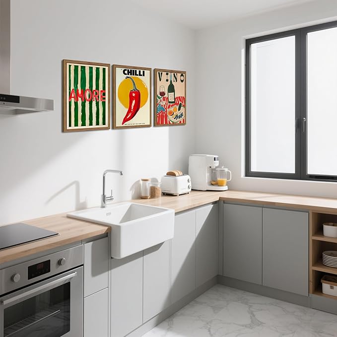Framed Kitchen Wall Art Set of 3, Abstract Table Food Kitchen Wall Decor, Chilli Pictures Prints Artwork, Vintage Dining Room Canvas Painting, Modern Kitchen Home Decoration – 16x24 inch