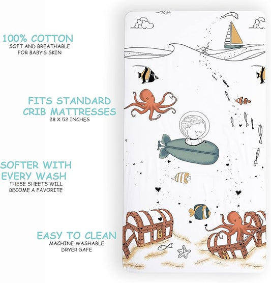 JumpOff Jo - Fitted Crib Sheet, Super Soft Breathable 100% Cotton Baby Crib Sheet for Standard Crib Mattresses and Toddler Beds, 28 in. x 52 in. - Octopus Treasure
