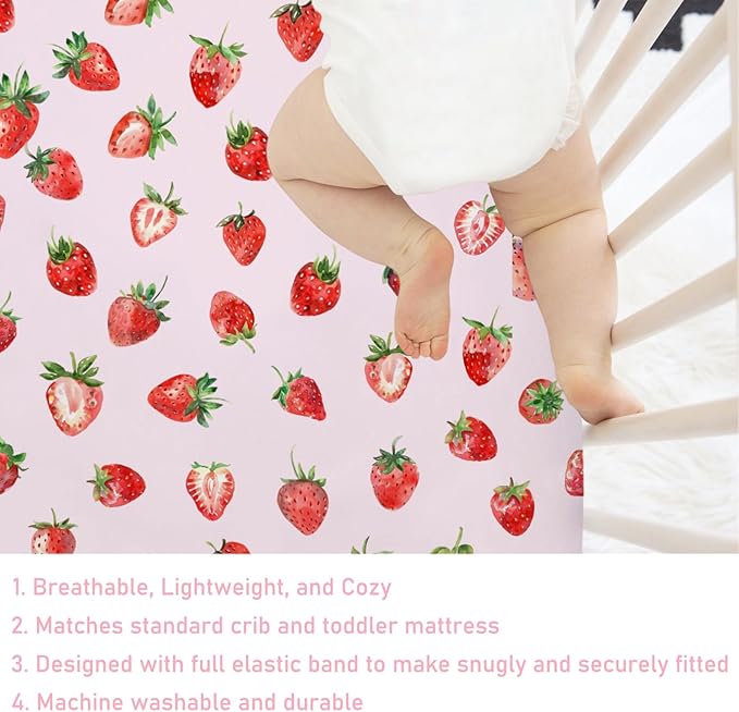 Watercolor Strawberries Baby Crib Sheet 52''x28'' Cute Strawberry Pink Stretchy Fitted Crib Mattress Covers for Boy Girl Boho Summer Fruits Soft Baby Sheets for Standard Crib and Toddler Mattress